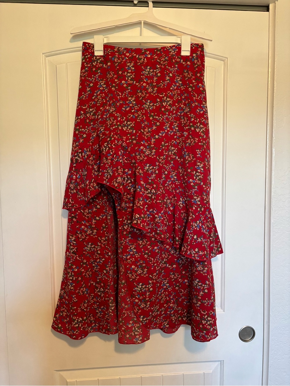 Amazon Red Floral High-Low Ruffle Skirt